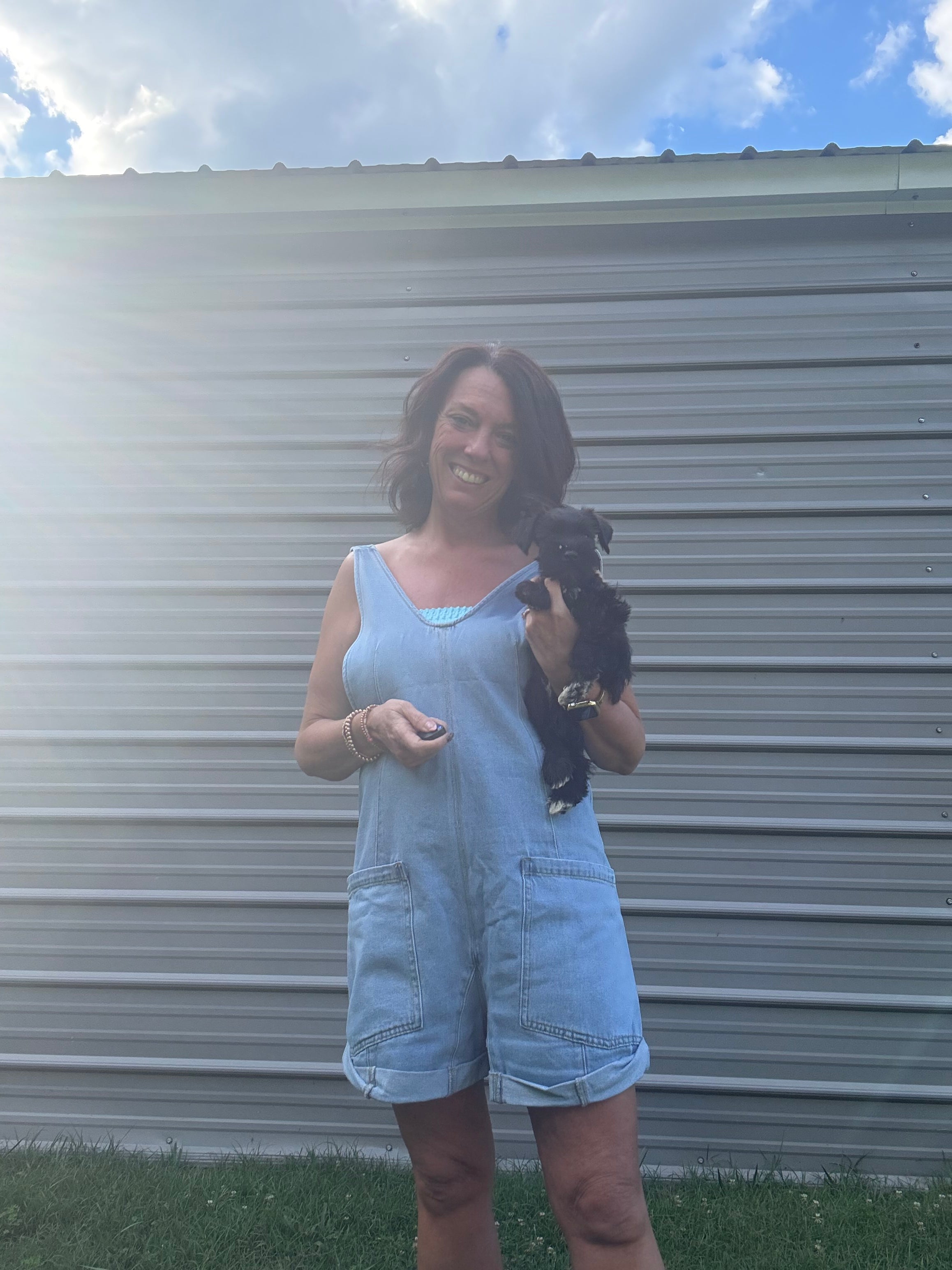 DENIM DEEP V NECK ROMPER WITH POCKETS