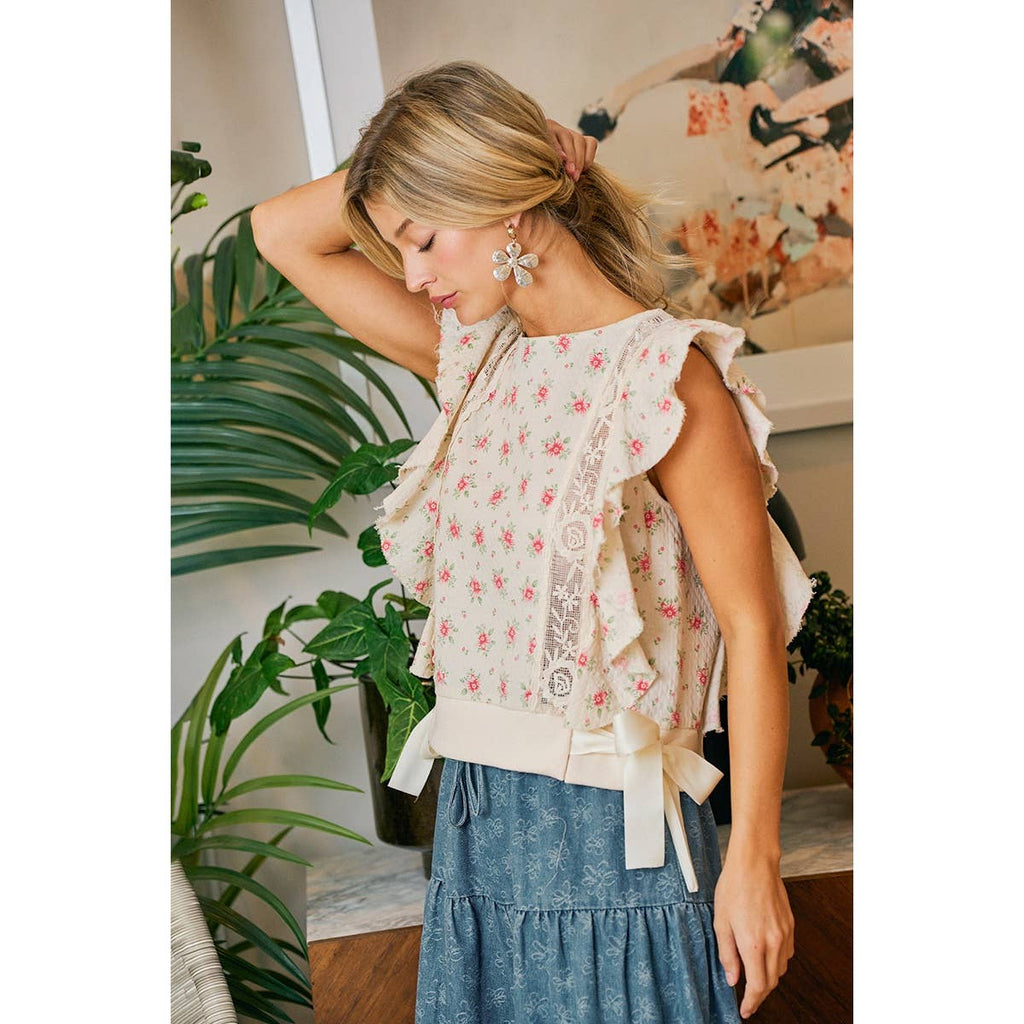 FLOWER PRINTED RUFFLE SLEEVE TRIM DETAIL TOP