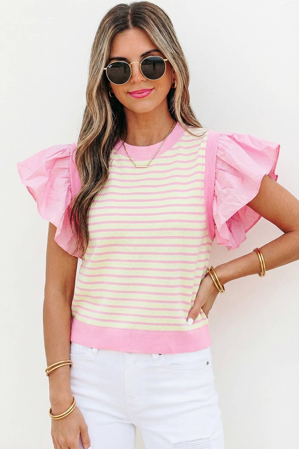 Stripe Ruffled Short Sleeve Patchwork Blouse | S-XL