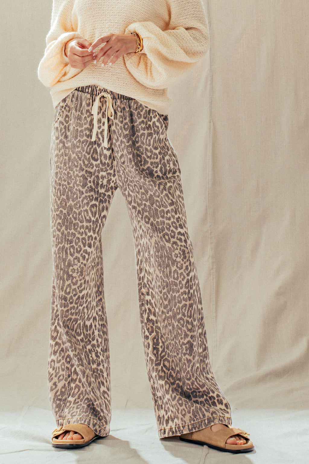 Leopard Print Wide Leg Cotton Pants Drawstring