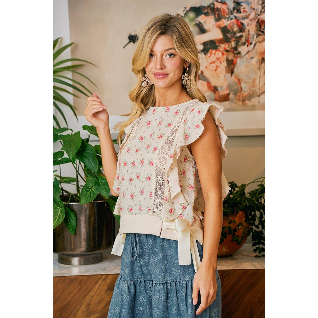 FLOWER PRINTED RUFFLE SLEEVE TRIM DETAIL TOP