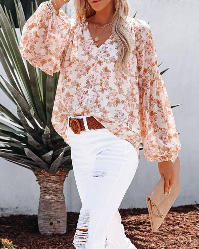 Floral Print V-Neck Balloon Sleeve Blouse Chiffon Top