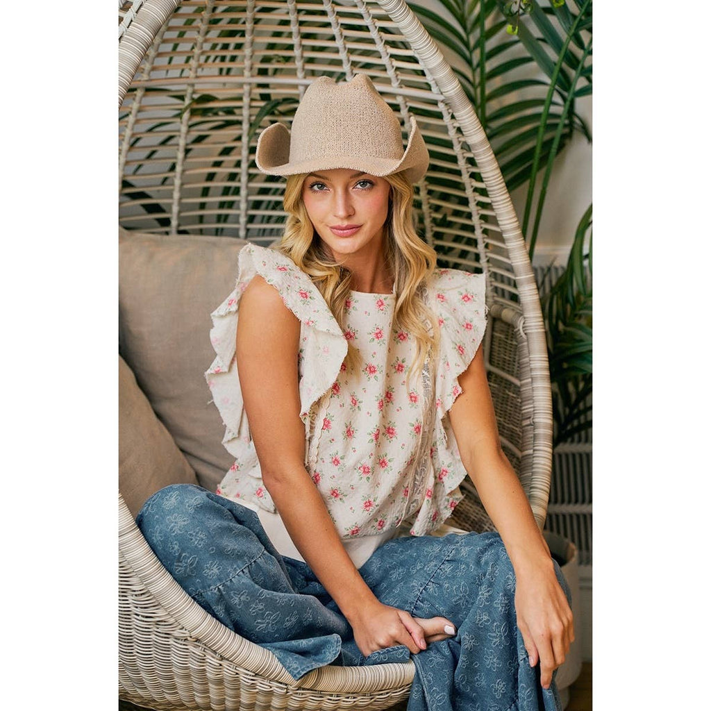 FLOWER PRINTED RUFFLE SLEEVE TRIM DETAIL TOP