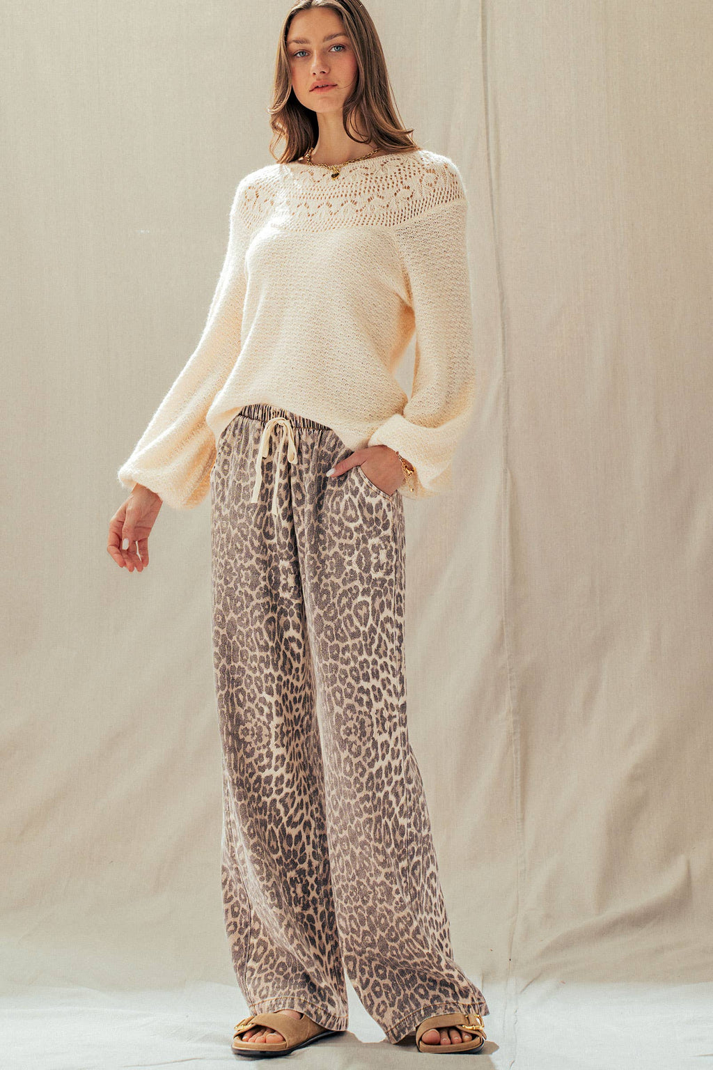 Leopard Print Wide Leg Cotton Pants Drawstring