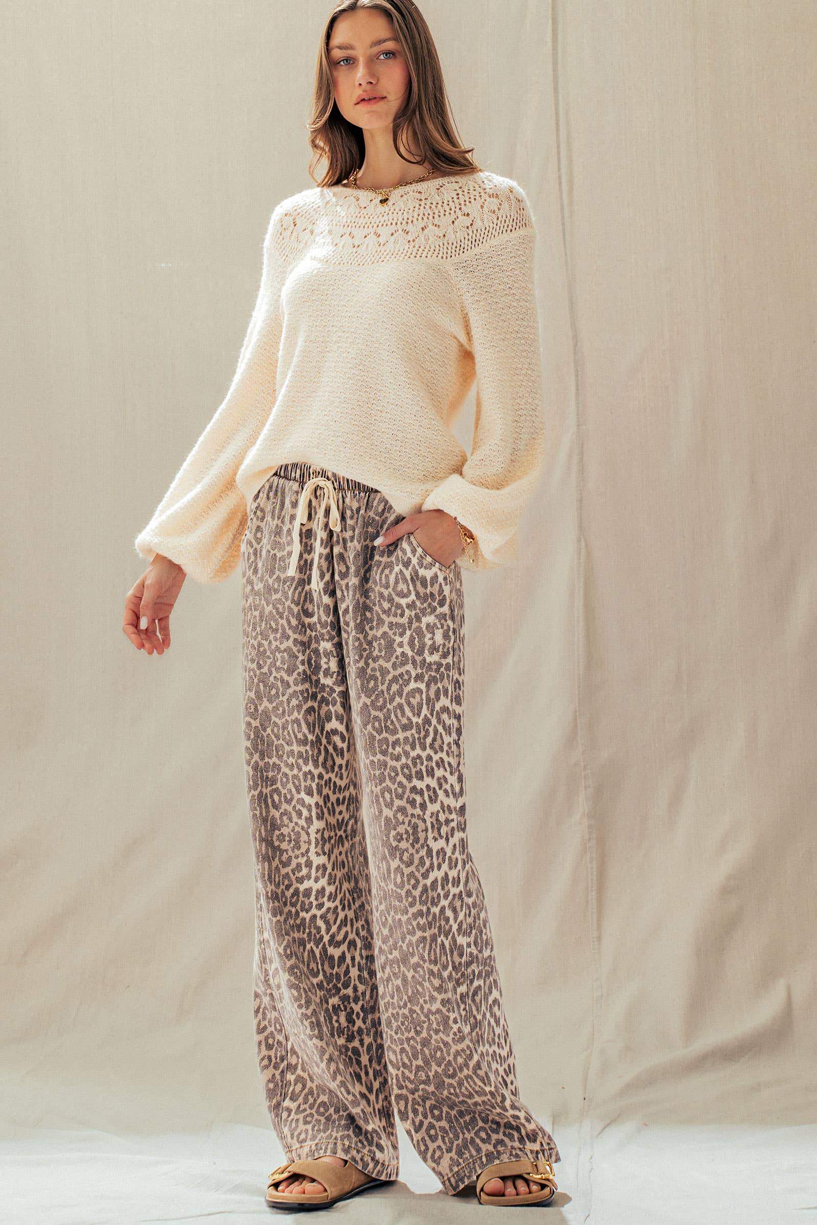 Leopard Print Wide Leg Cotton Pants Drawstring