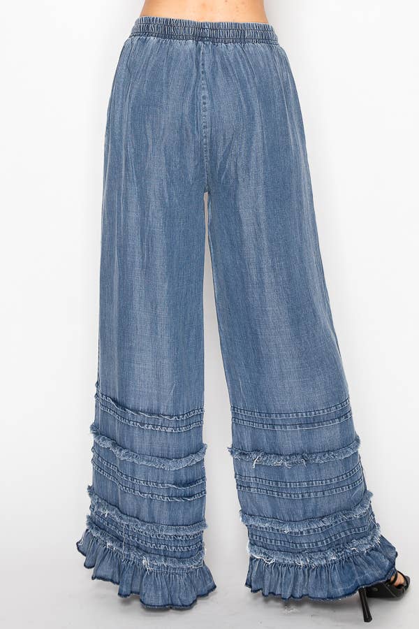 Boho Tiered Chambray Wide Leg Palazzo Pants-OLS-4890SW DENIM