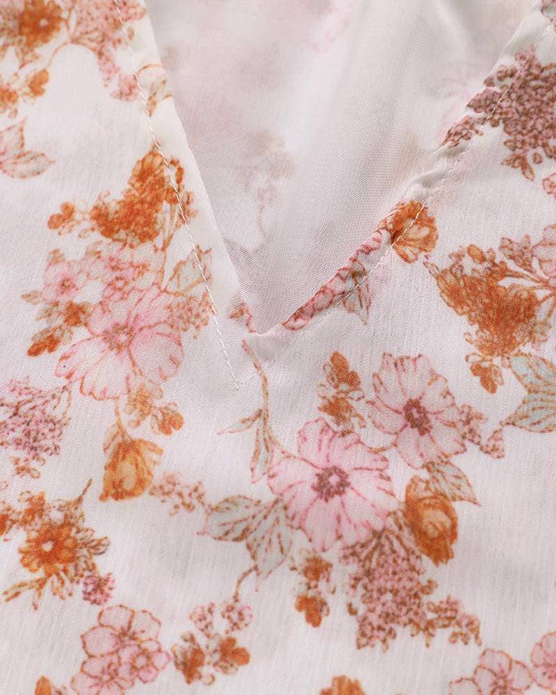 Floral Print V-Neck Balloon Sleeve Blouse Chiffon Top