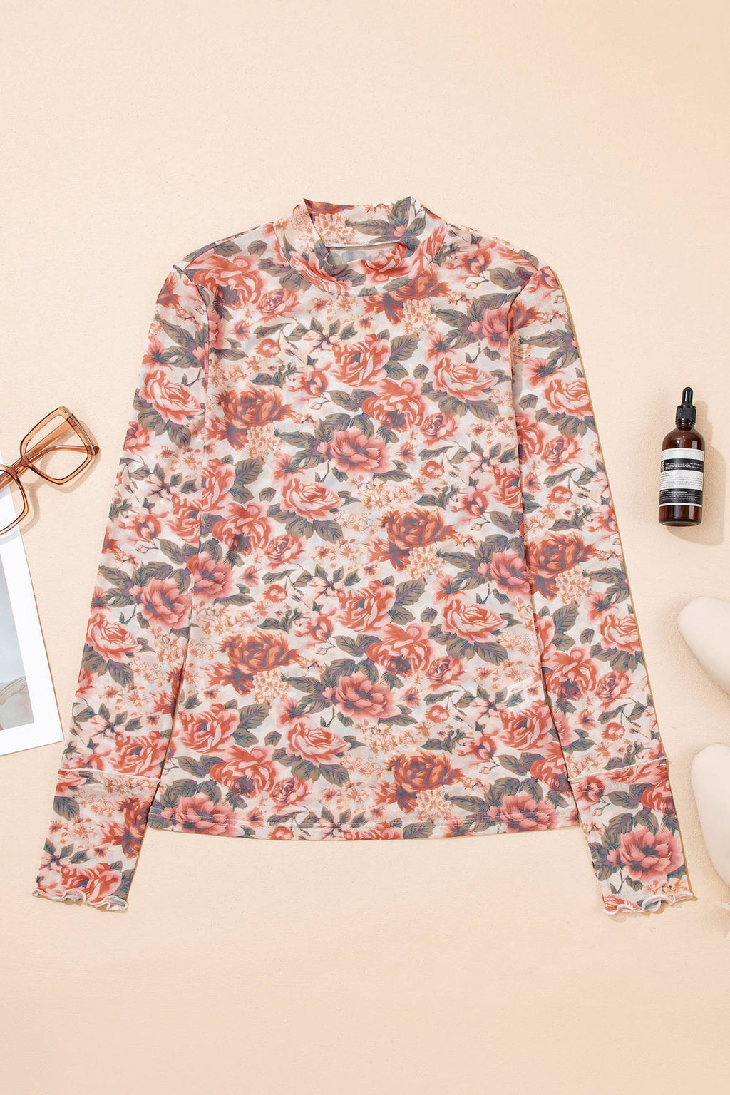 66Retro Floral Print Mesh Mock Neck Top