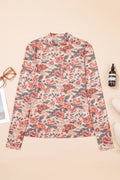 66Retro Floral Print Mesh Mock Neck Top