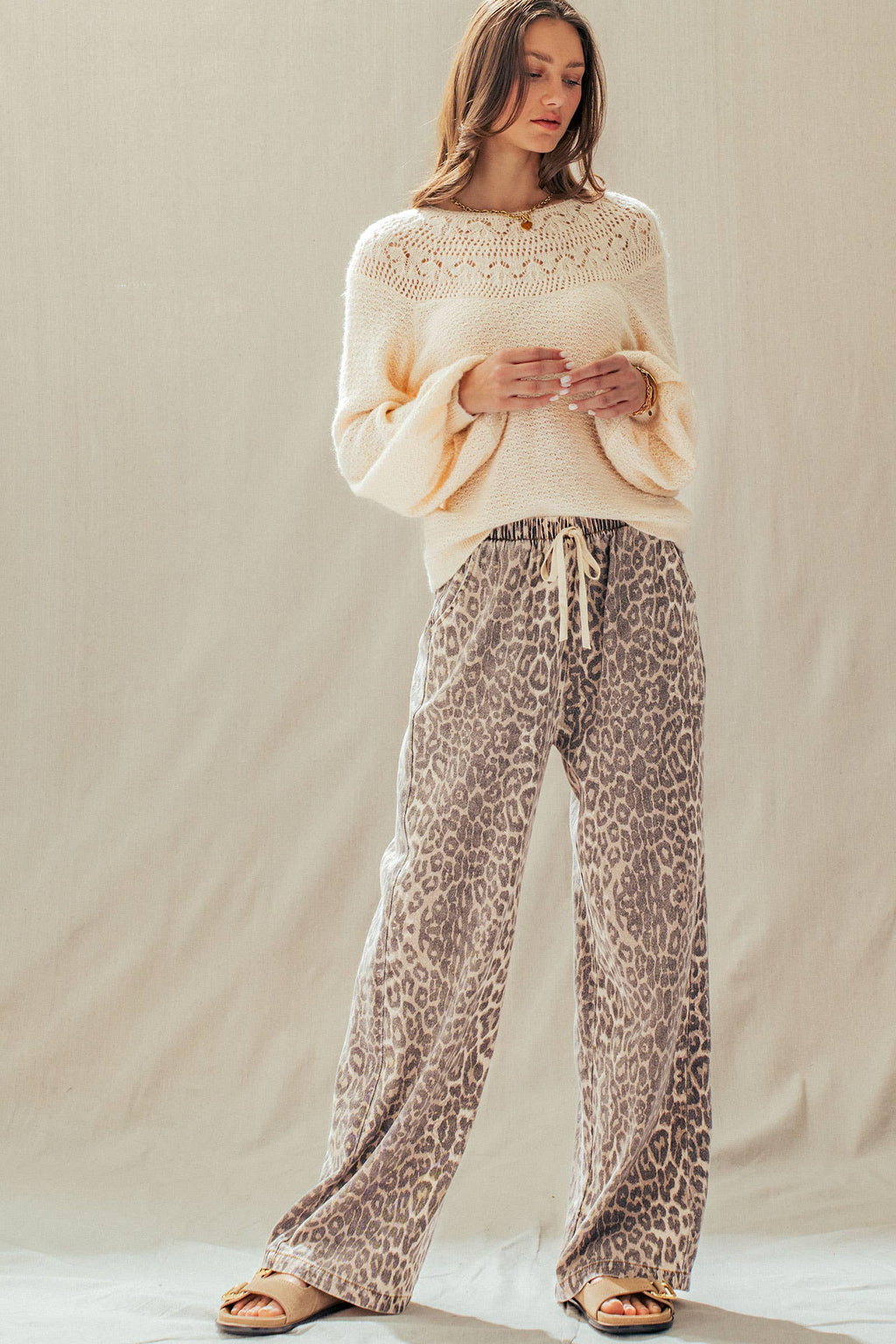 Leopard Print Wide Leg Cotton Pants Drawstring
