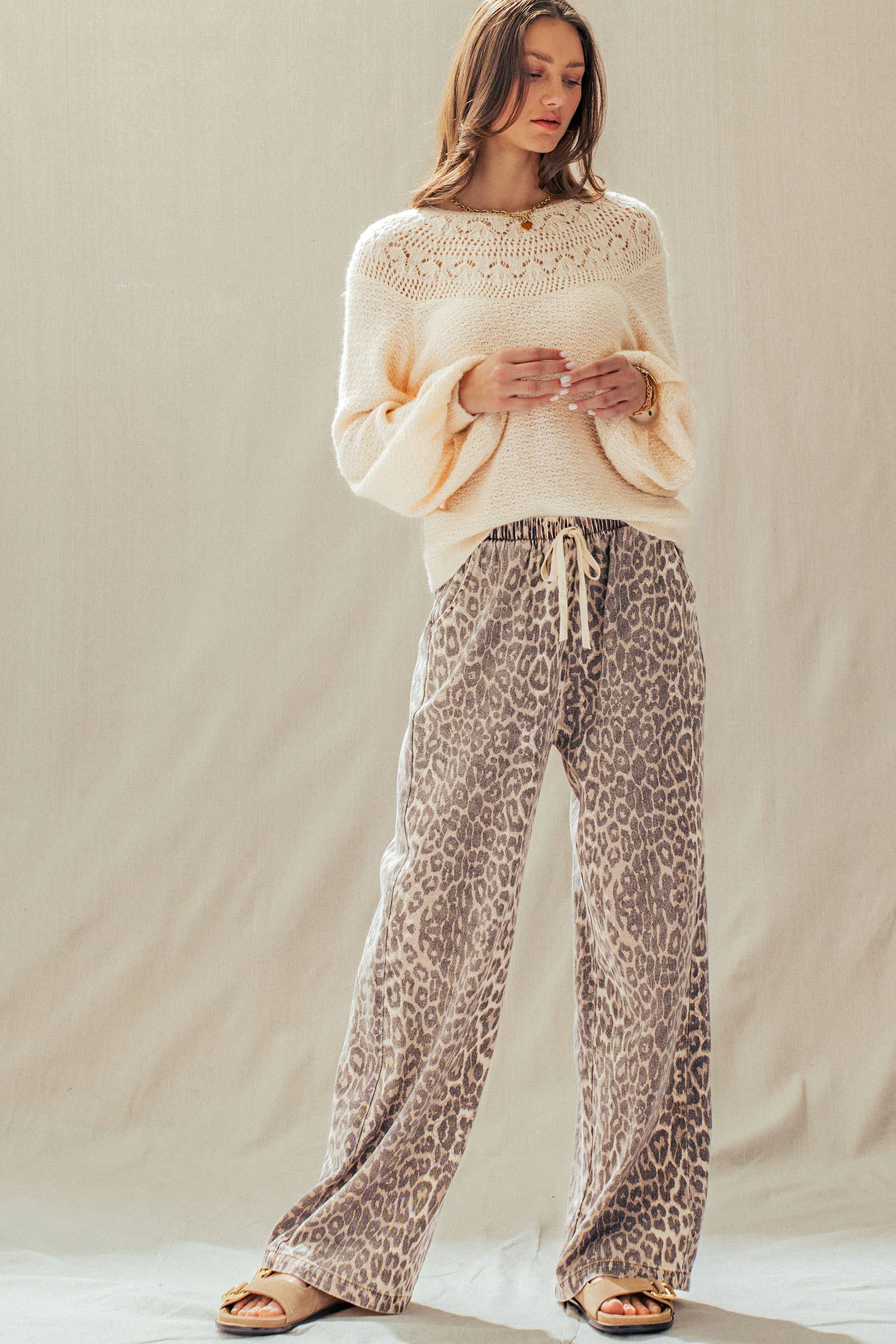 Leopard Print Wide Leg Cotton Pants Drawstring