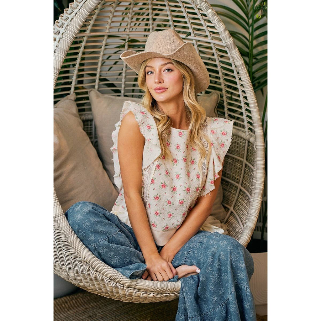 FLOWER PRINTED RUFFLE SLEEVE TRIM DETAIL TOP