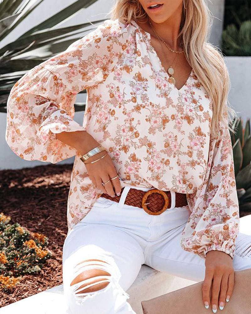 Floral Print V-Neck Balloon Sleeve Blouse Chiffon Top