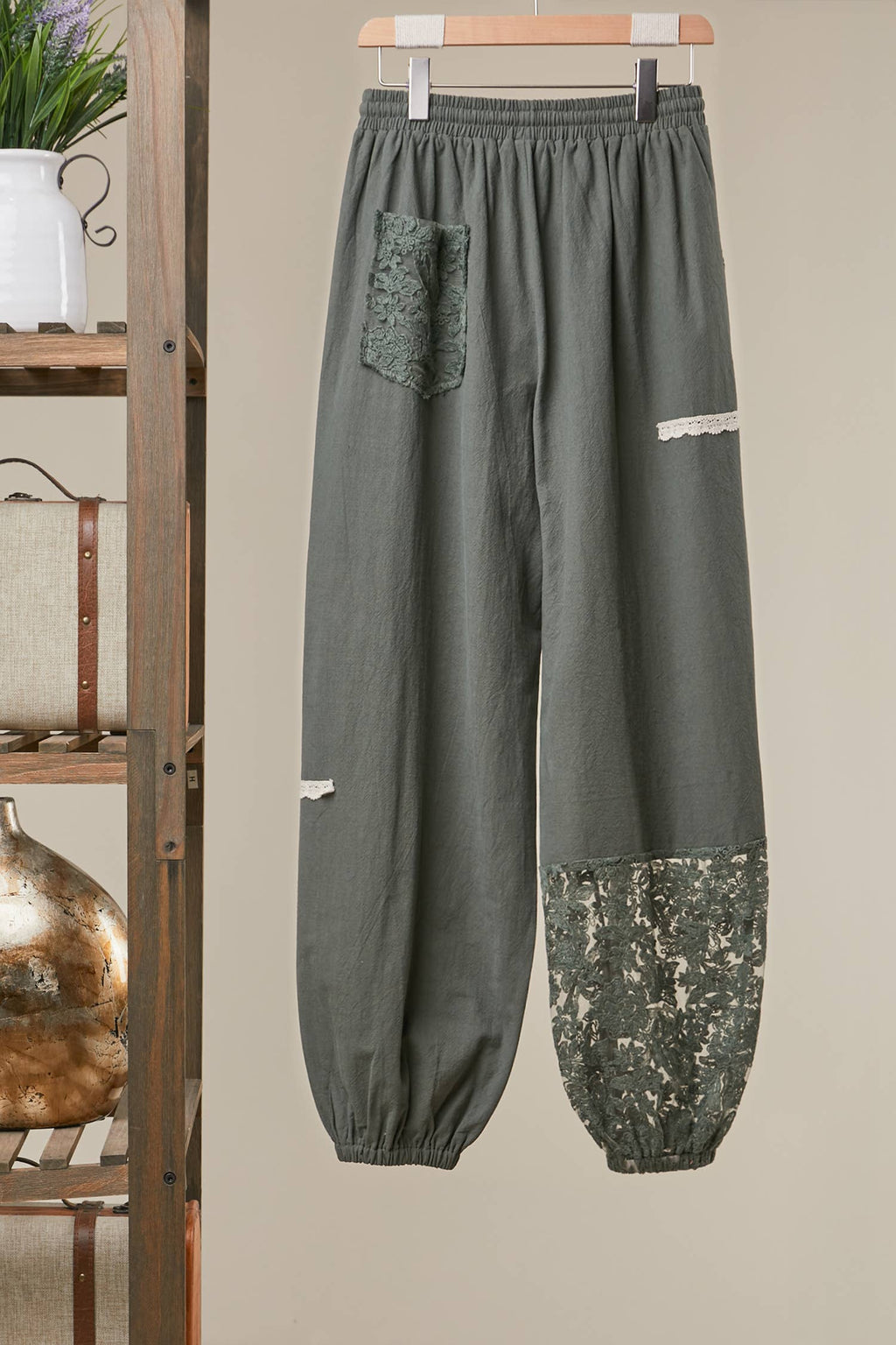Lace Accents Patchwork Crochet Jogger Pants