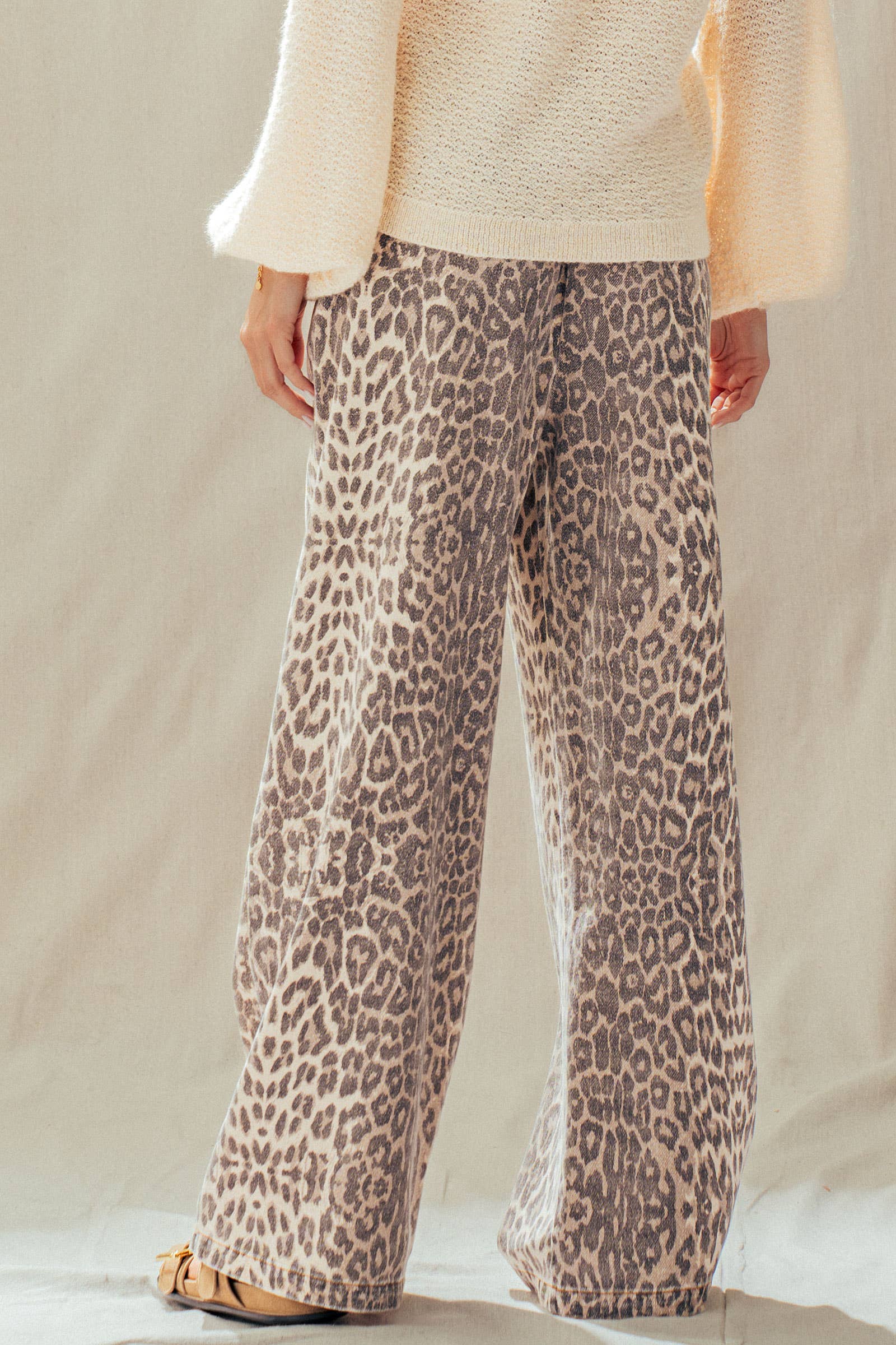 Leopard Print Wide Leg Cotton Pants Drawstring