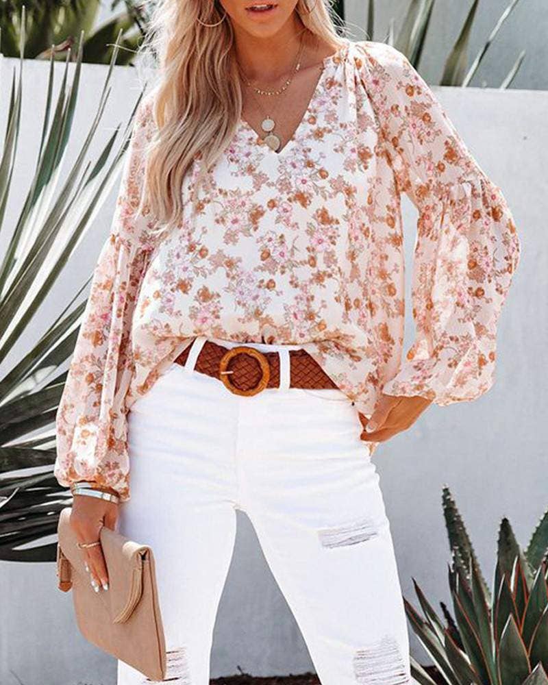 Floral Print V-Neck Balloon Sleeve Blouse Chiffon Top