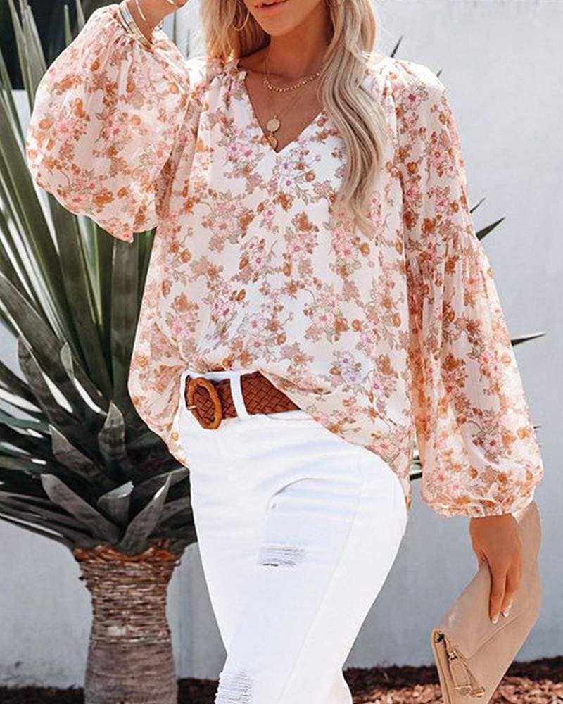 Floral Print V-Neck Balloon Sleeve Blouse Chiffon Top