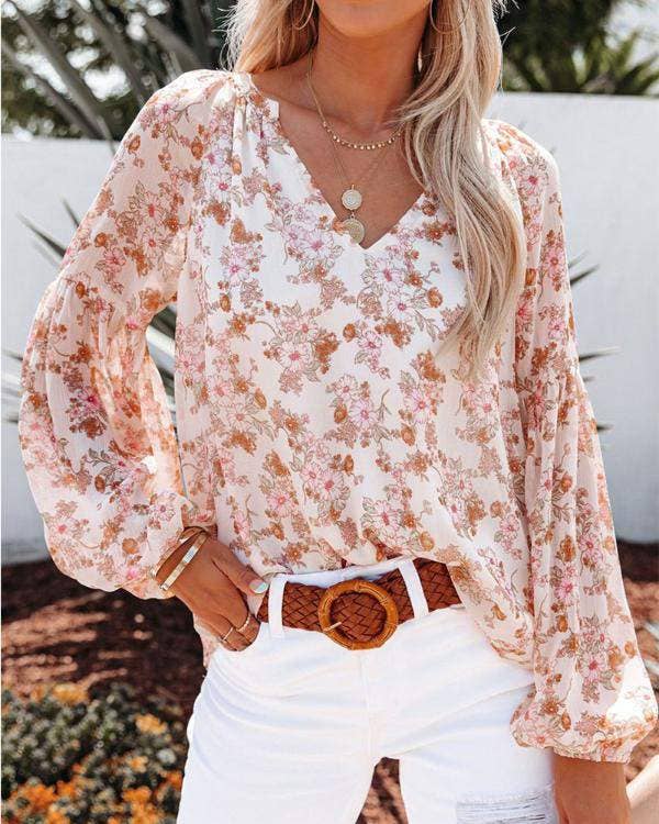 Floral Print V-Neck Balloon Sleeve Blouse Chiffon Top