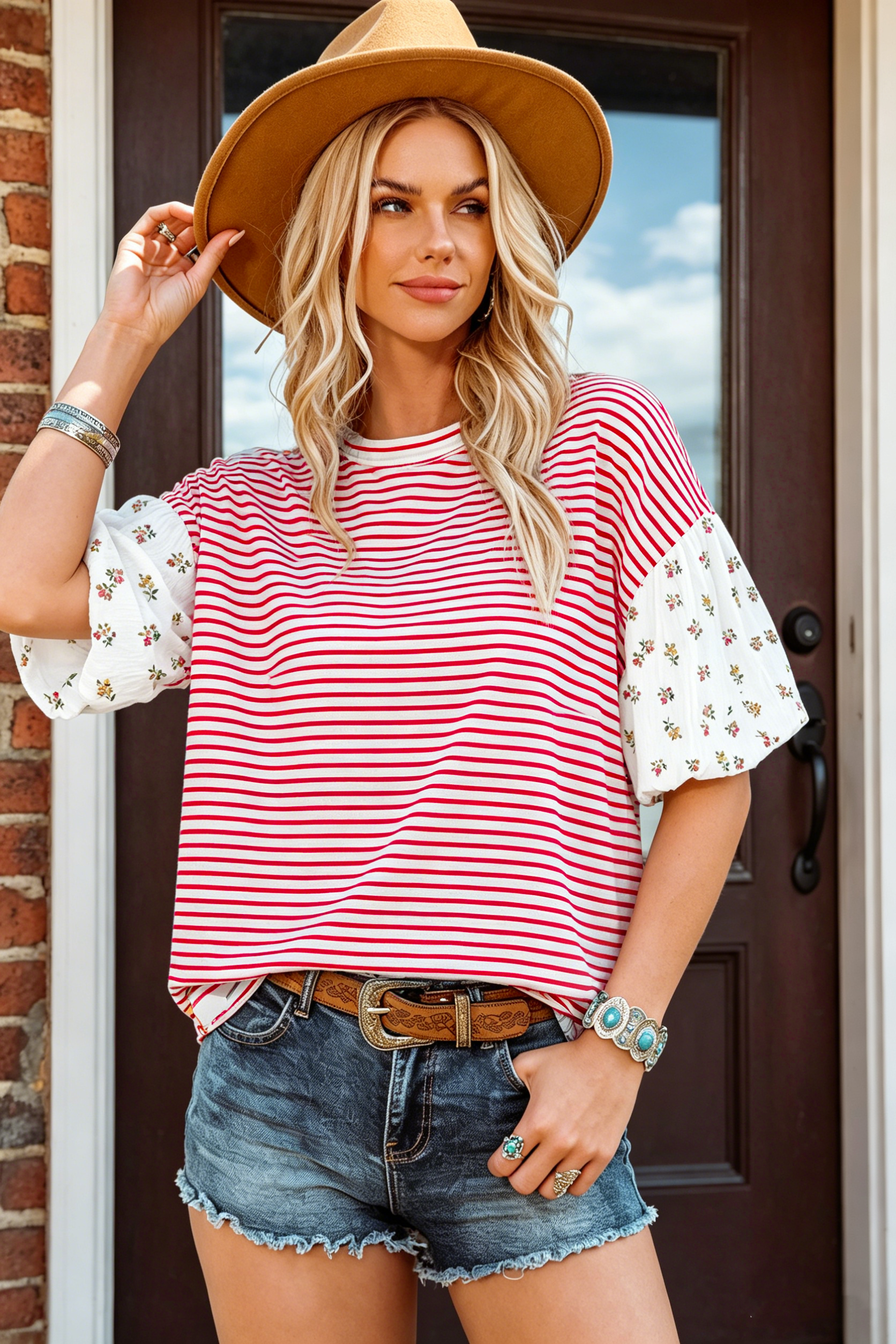 Stripe Floral Puff Sleeve Patchwork Round Neck Loose Top