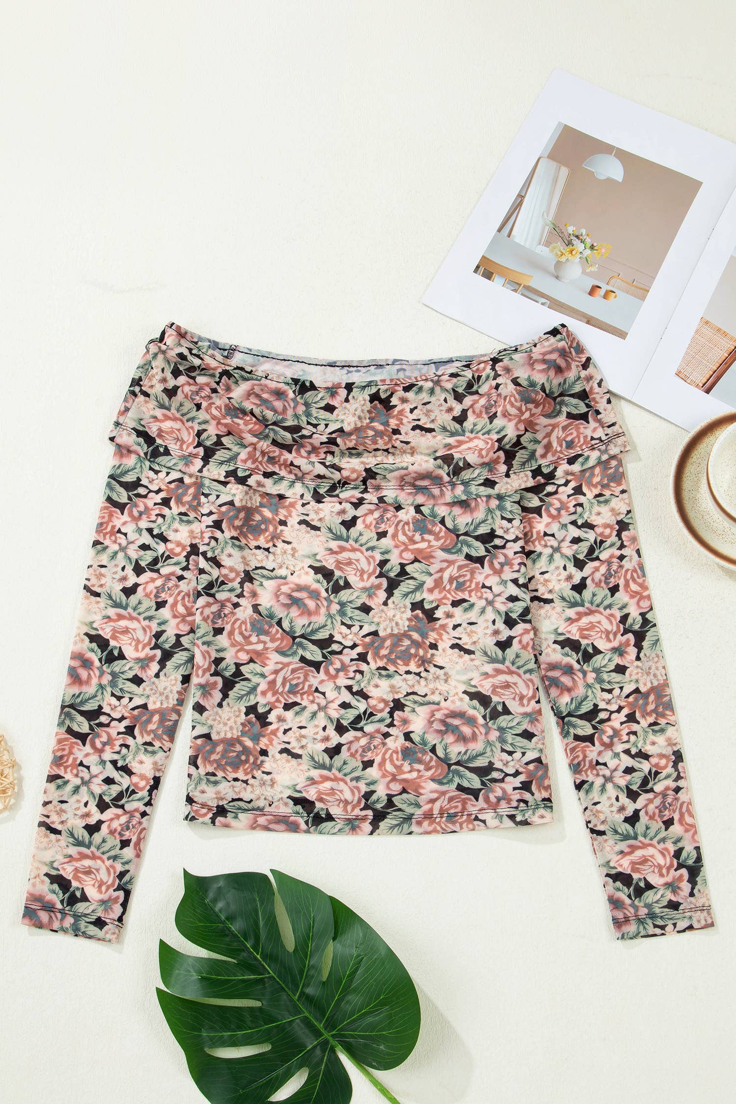 66Retro Floral Print Mesh Mock Neck Top