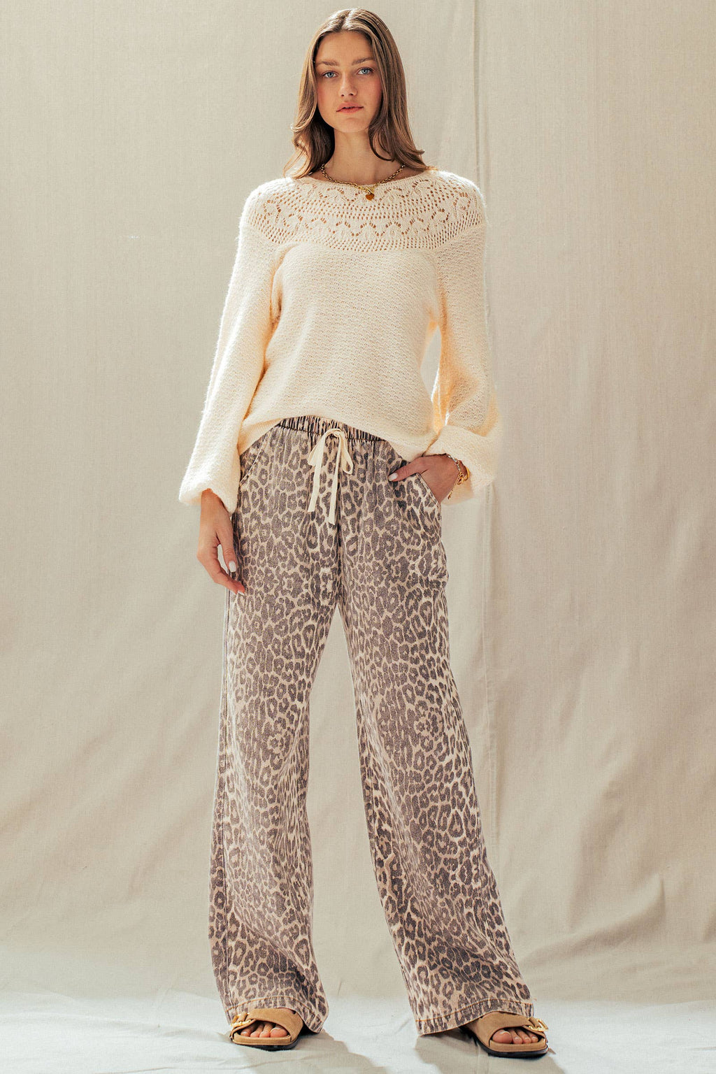 Leopard Print Wide Leg Cotton Pants Drawstring