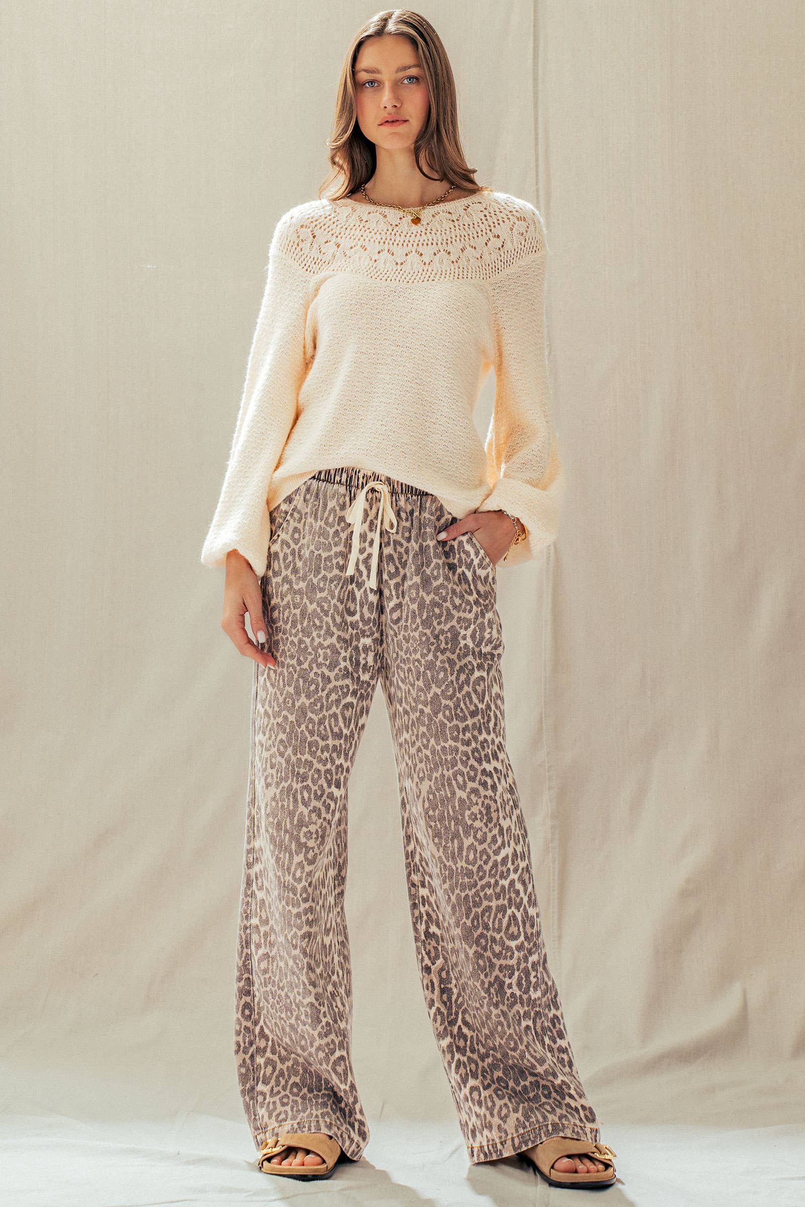 Leopard Print Wide Leg Cotton Pants Drawstring