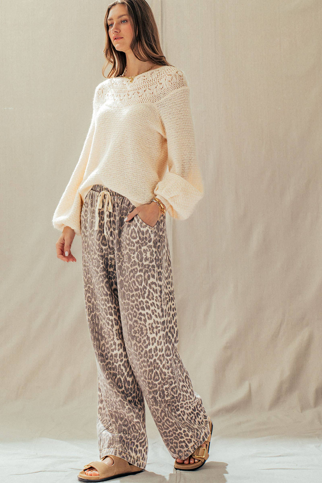 Leopard Print Wide Leg Cotton Pants Drawstring