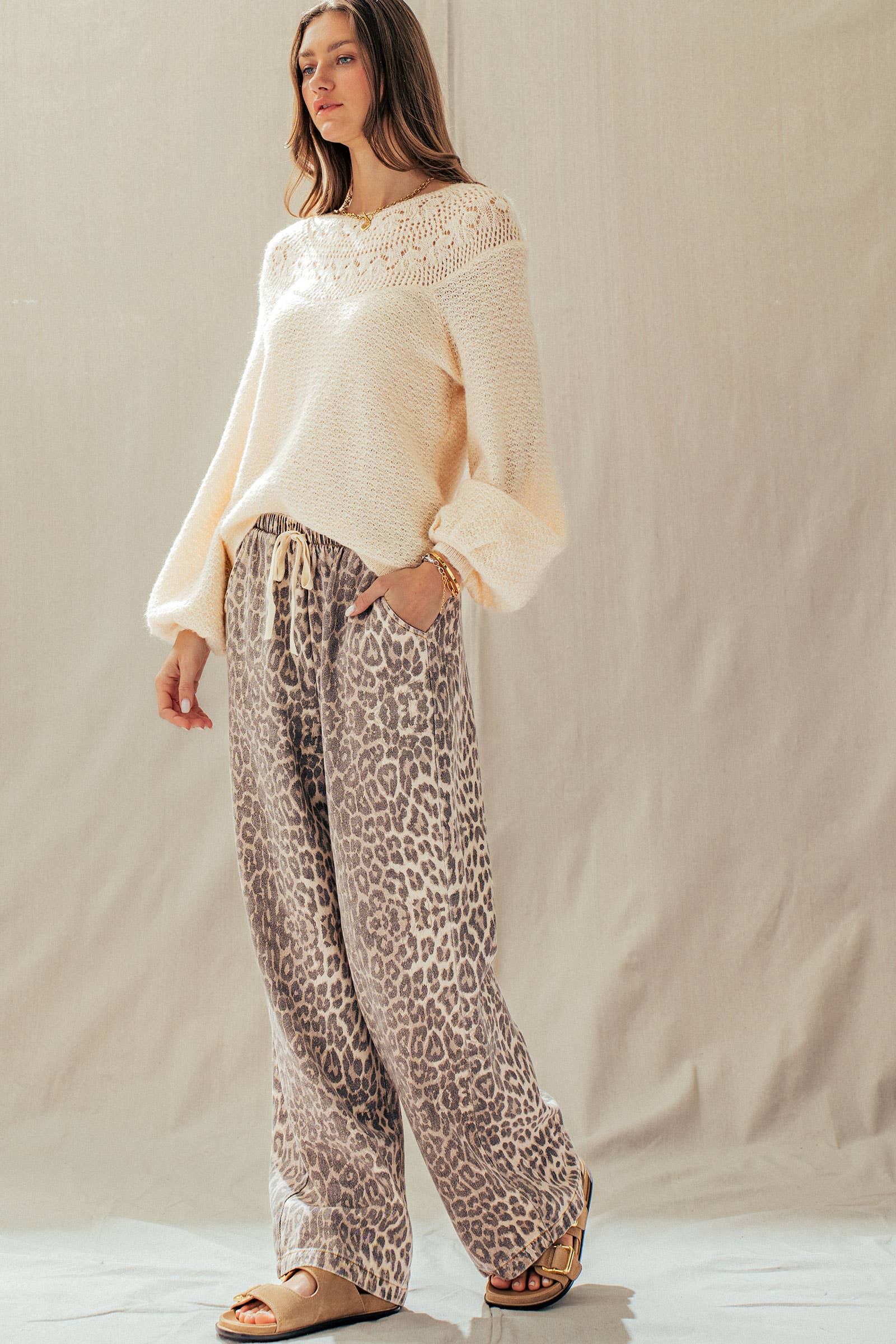 Leopard Print Wide Leg Cotton Pants Drawstring