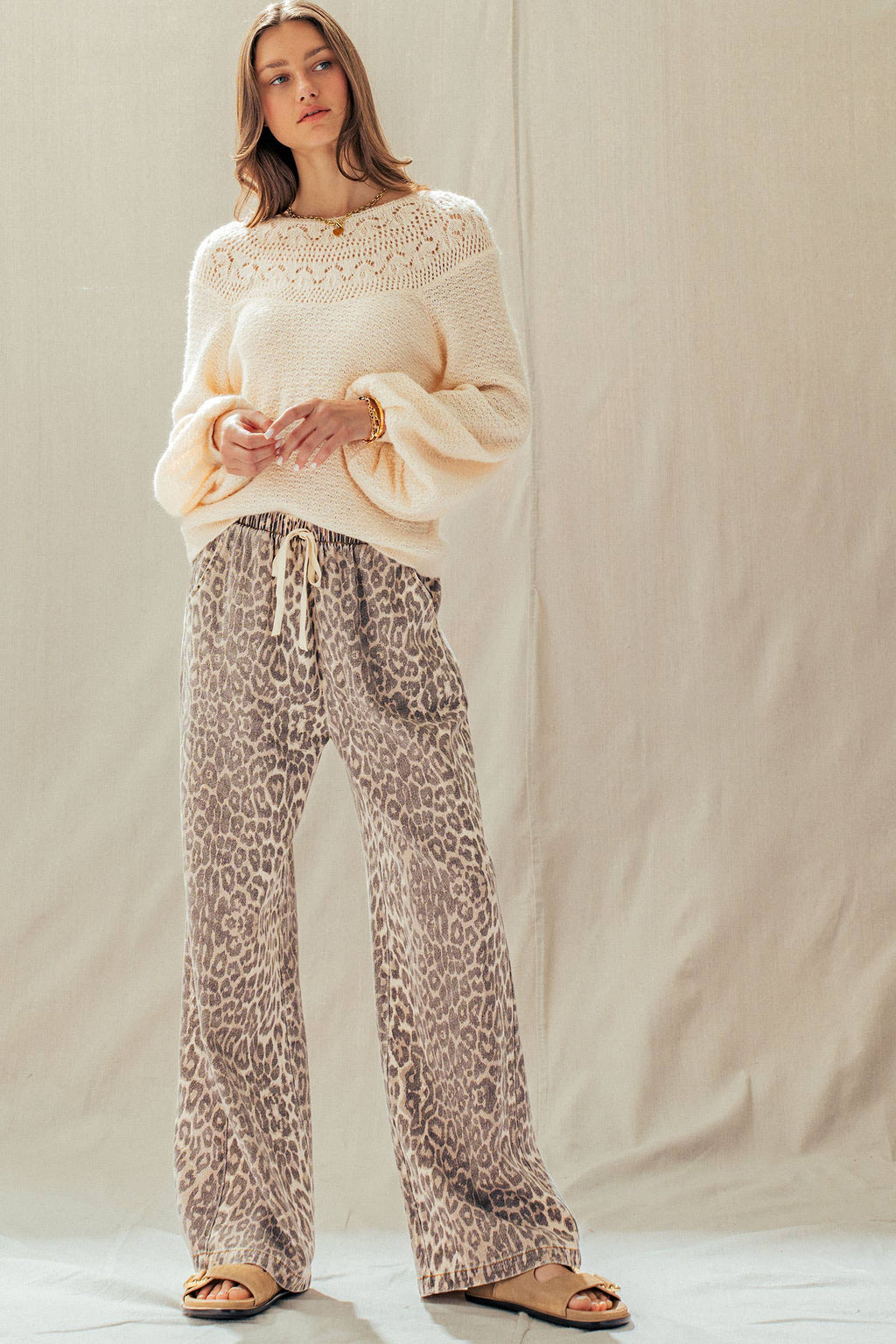 Leopard Print Wide Leg Cotton Pants Drawstring