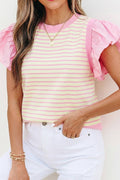 Stripe Ruffled Short Sleeve Patchwork Blouse | S-XL
