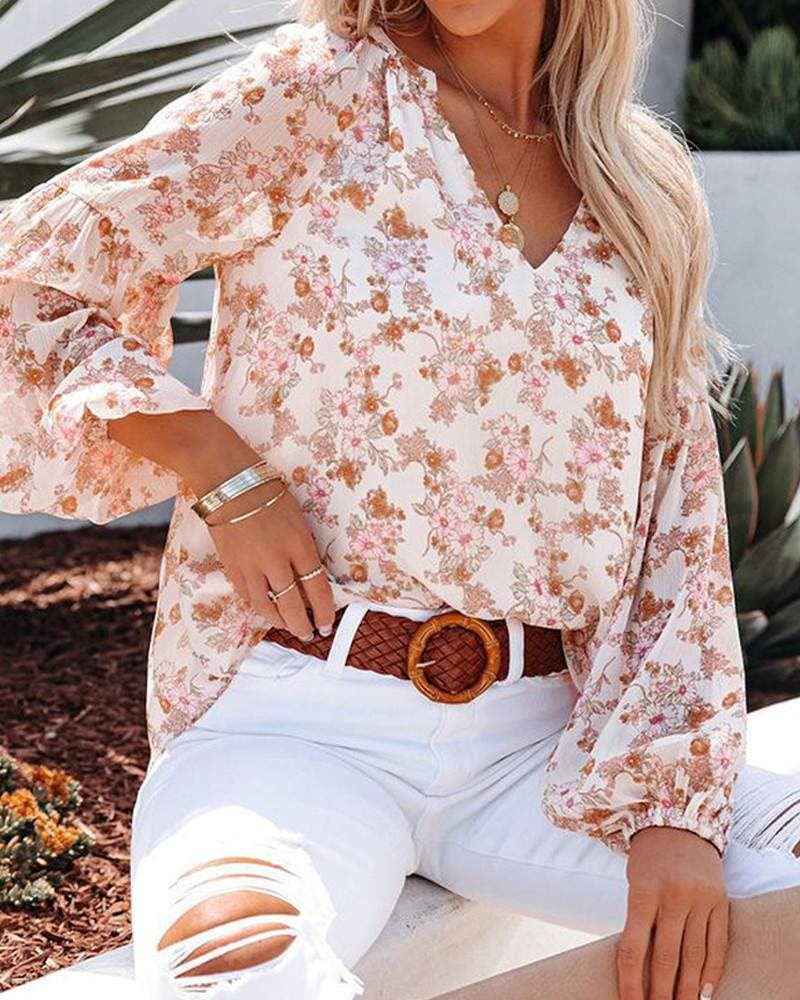 Floral Print V-Neck Balloon Sleeve Blouse Chiffon Top
