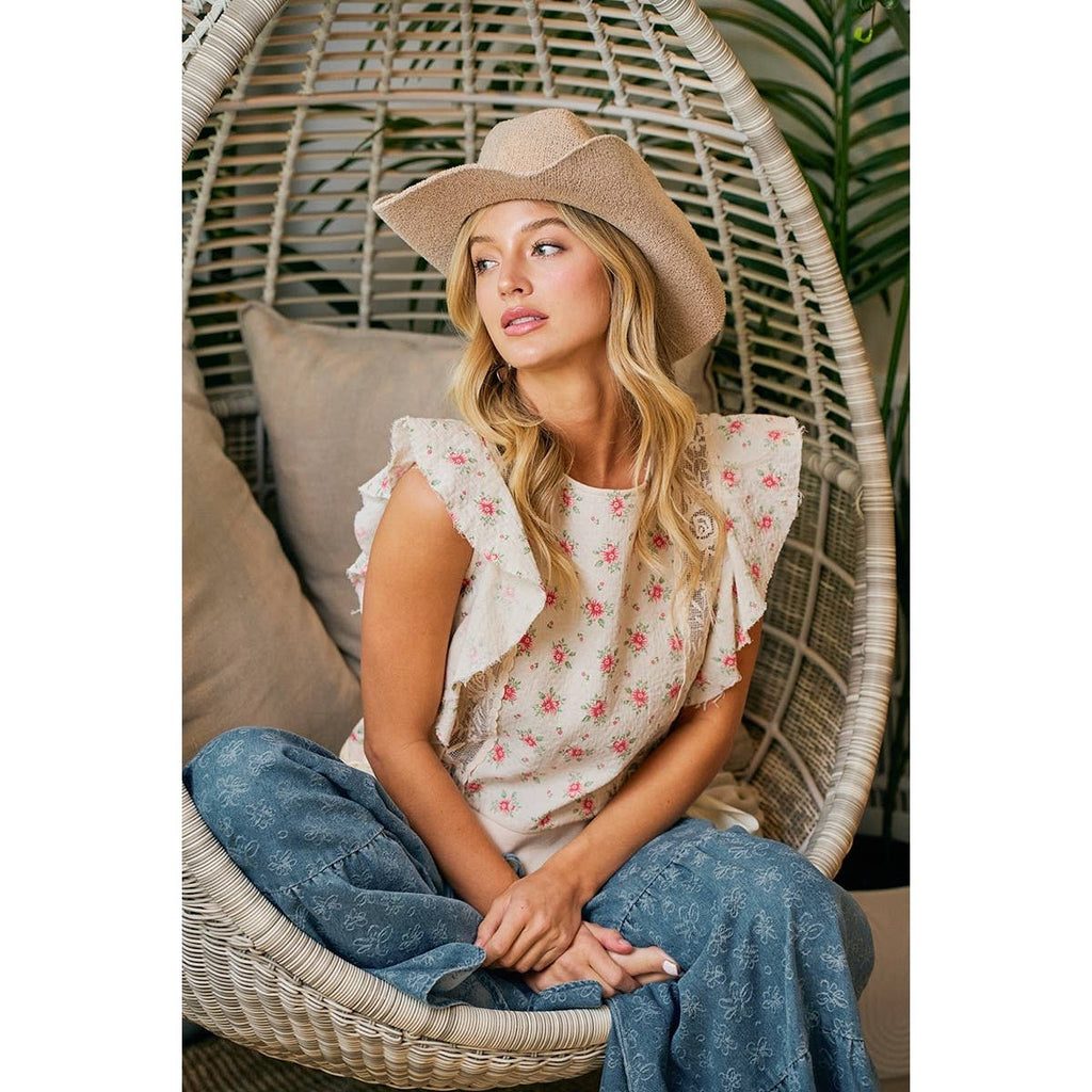 FLOWER PRINTED RUFFLE SLEEVE TRIM DETAIL TOP