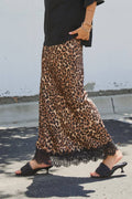 Leopard Print Satin Maxi Skirt with Lace Hem