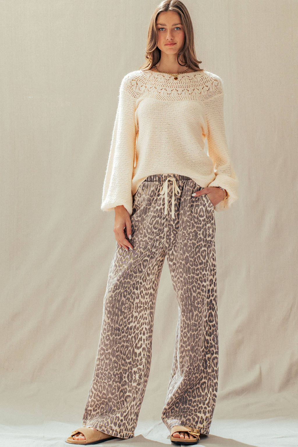 Leopard Print Wide Leg Cotton Pants Drawstring