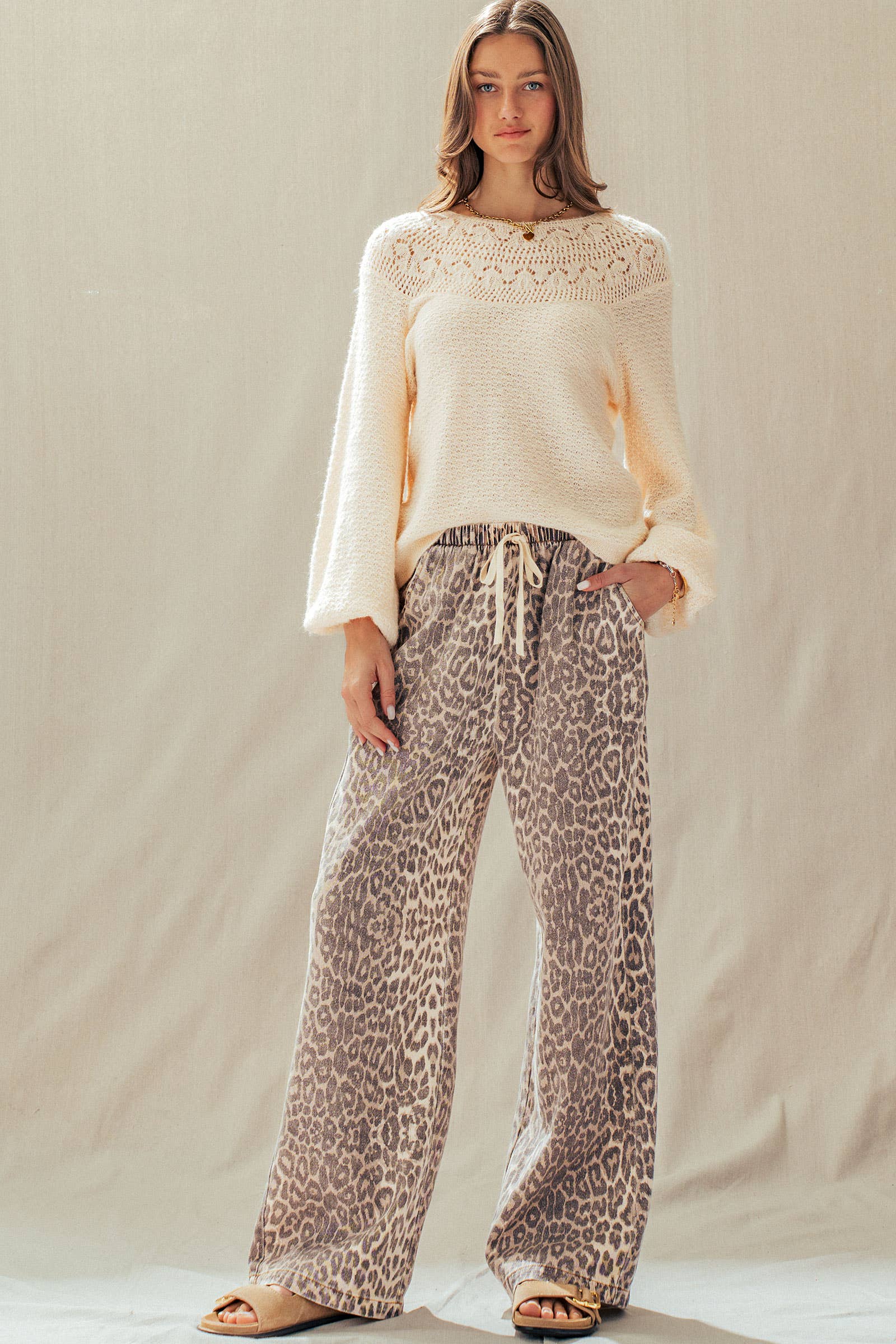 Leopard Print Wide Leg Cotton Pants Drawstring