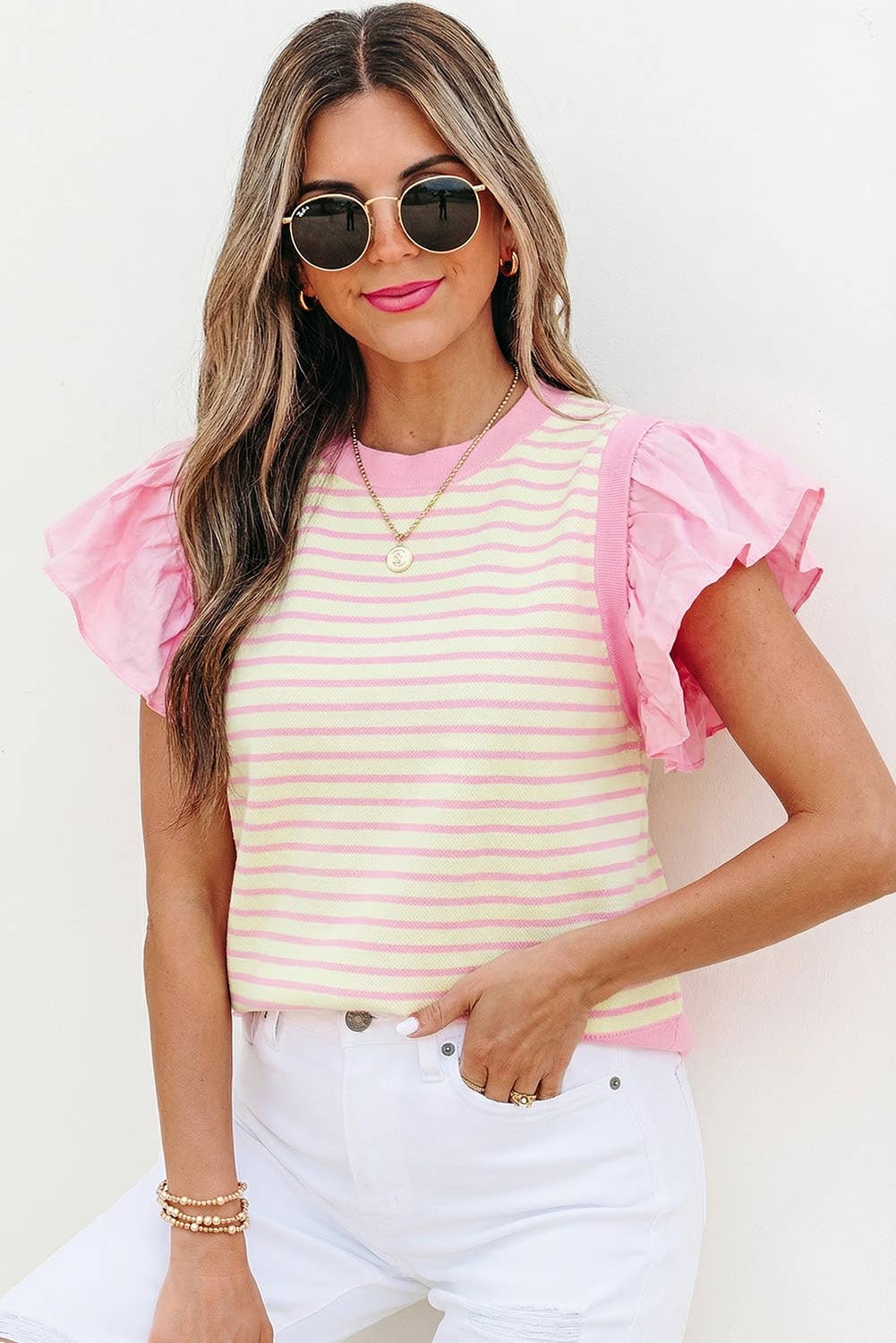 Stripe Ruffled Short Sleeve Patchwork Blouse | S-XL
