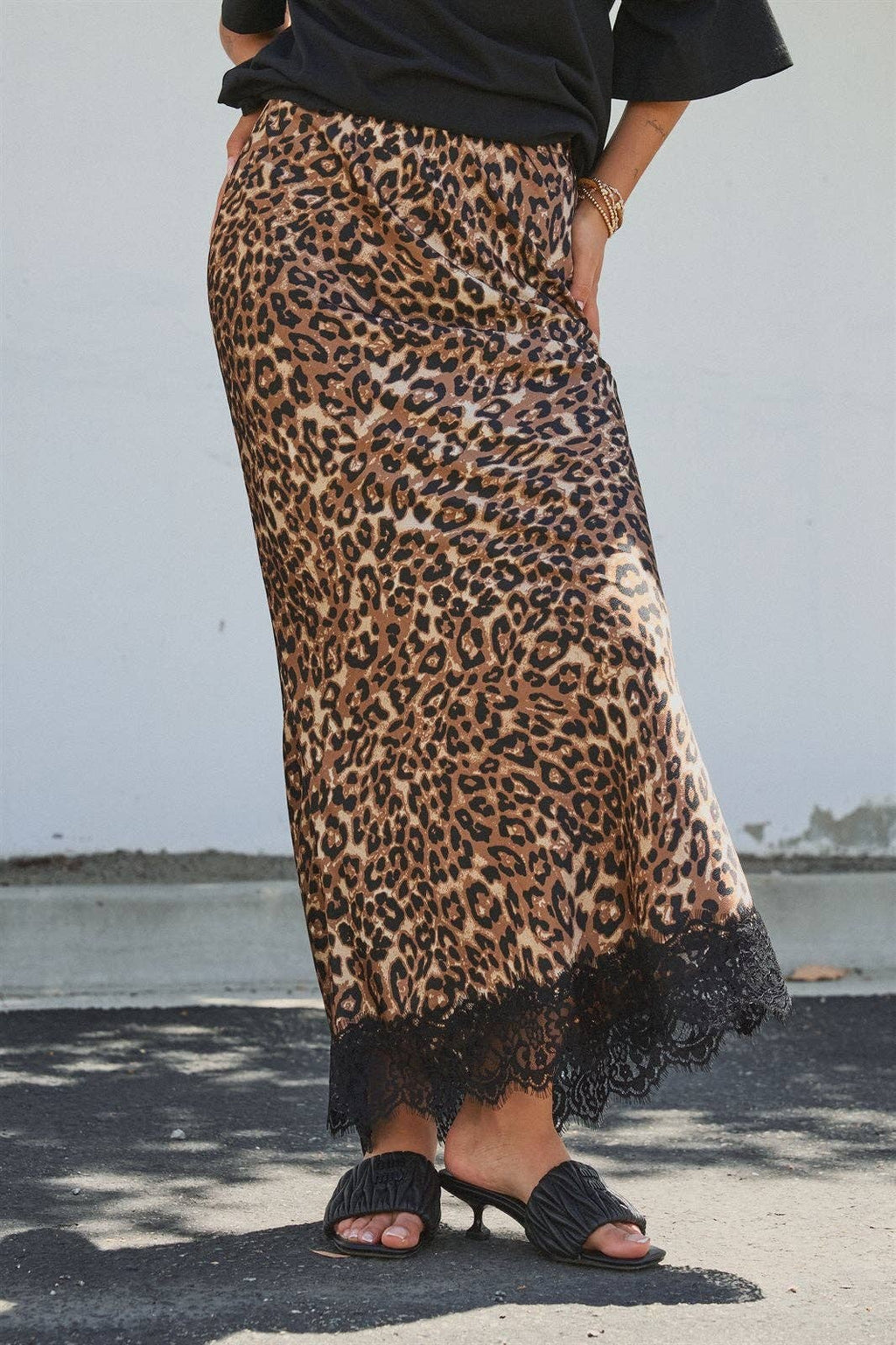 Leopard Print Satin Maxi Skirt with Lace Hem