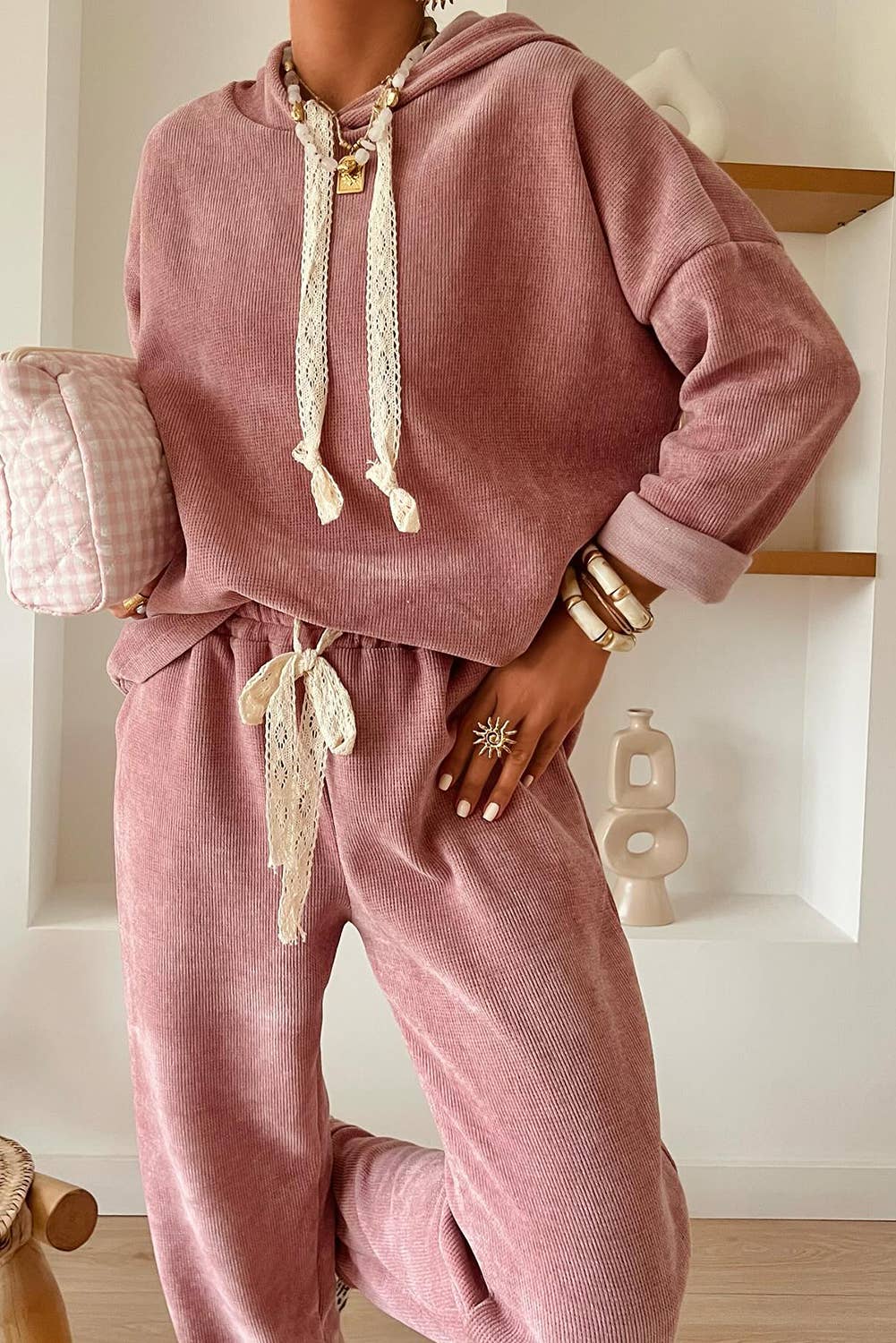Drawstring Pullover Hoodie and High Waist Pants Corduroy Set