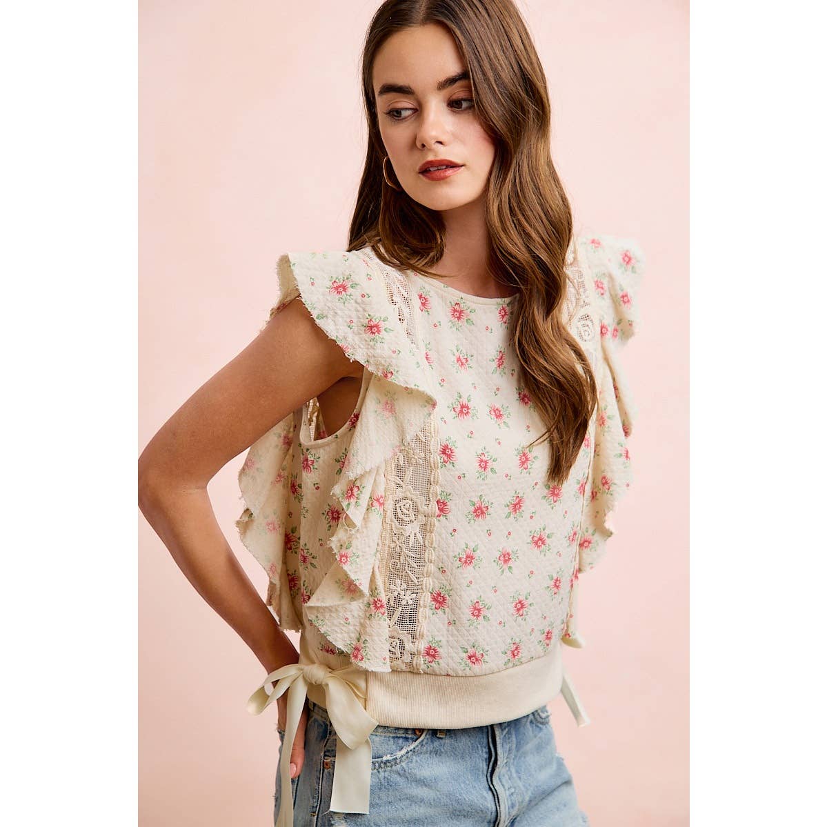 FLOWER PRINTED RUFFLE SLEEVE TRIM DETAIL TOP