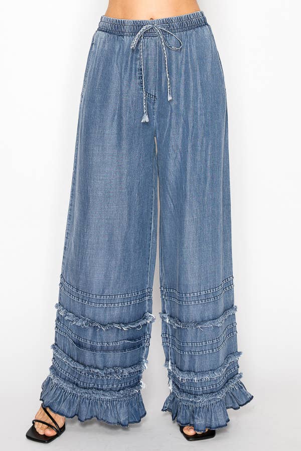 Boho Tiered Chambray Wide Leg Palazzo Pants-OLS-4890SW DENIM