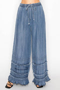 Boho Tiered Chambray Wide Leg Palazzo Pants-OLS-4890SW DENIM