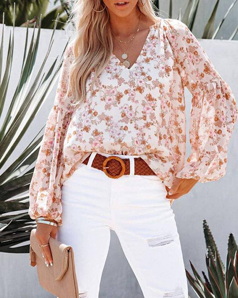 Floral Print V-Neck Balloon Sleeve Blouse Chiffon Top