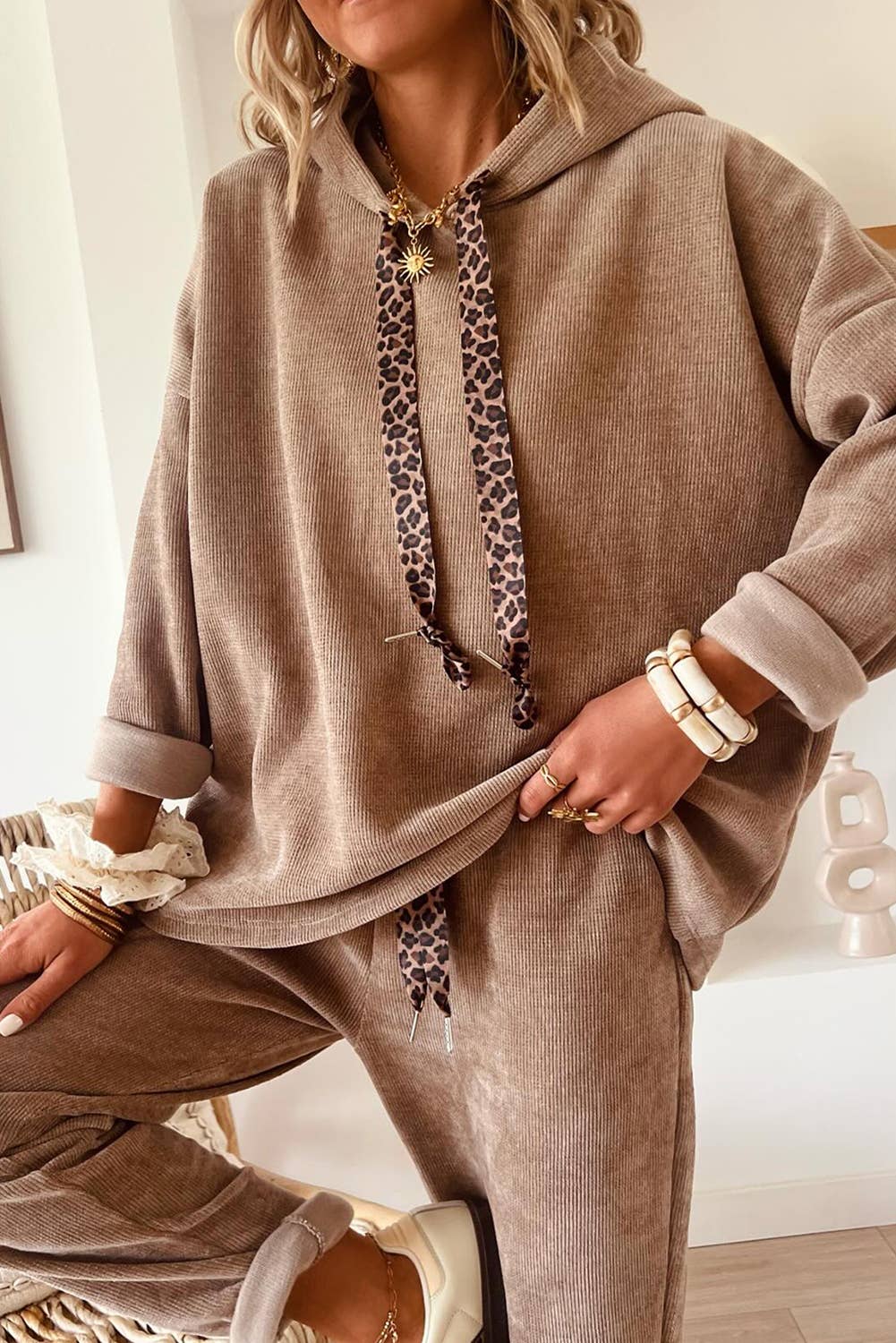 Drawstring Pullover Hoodie and High Waist Pants Corduroy Set