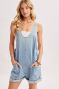 DENIM DEEP V NECK ROMPER WITH POCKETS