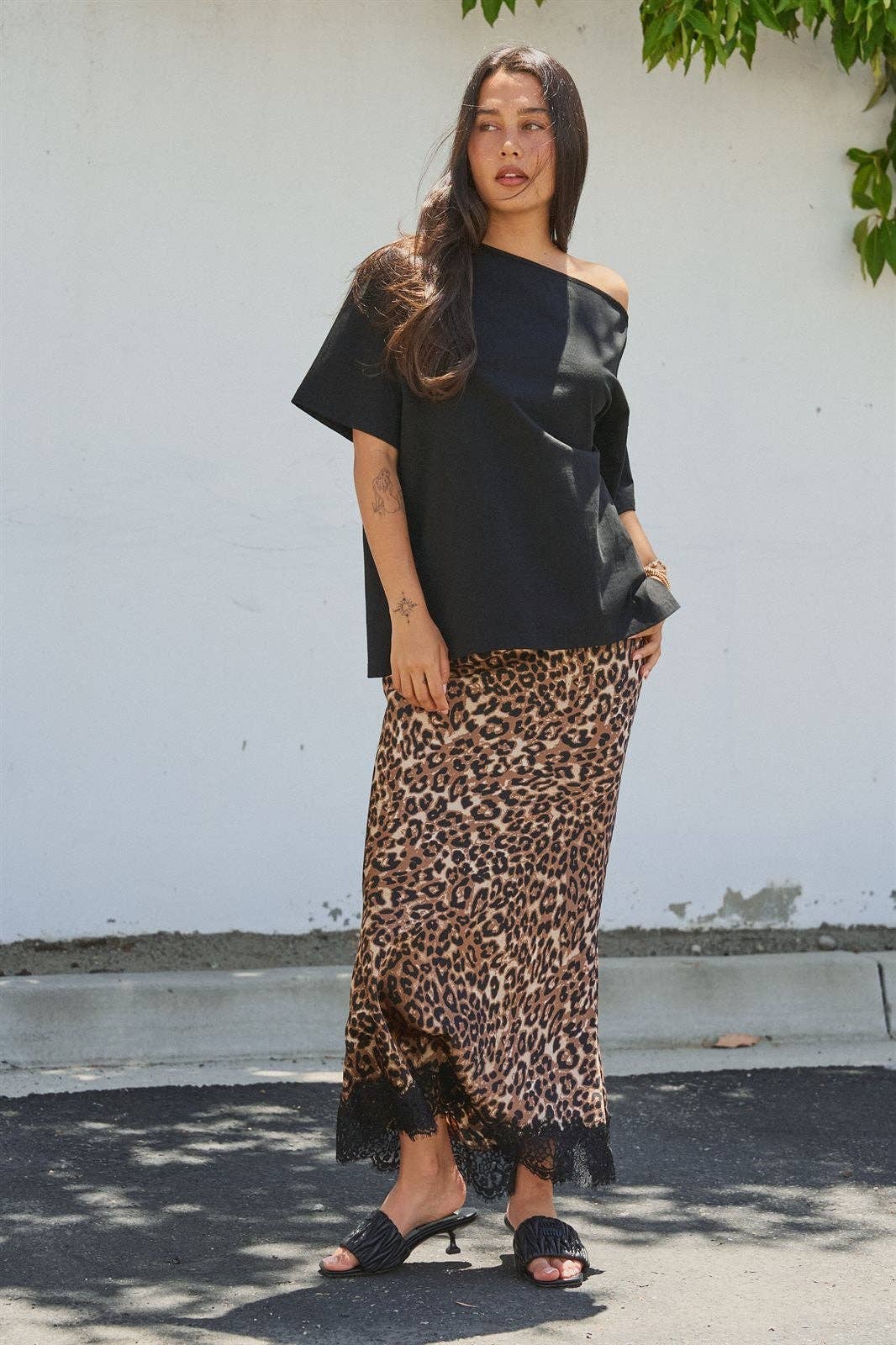 Leopard Print Satin Maxi Skirt with Lace Hem