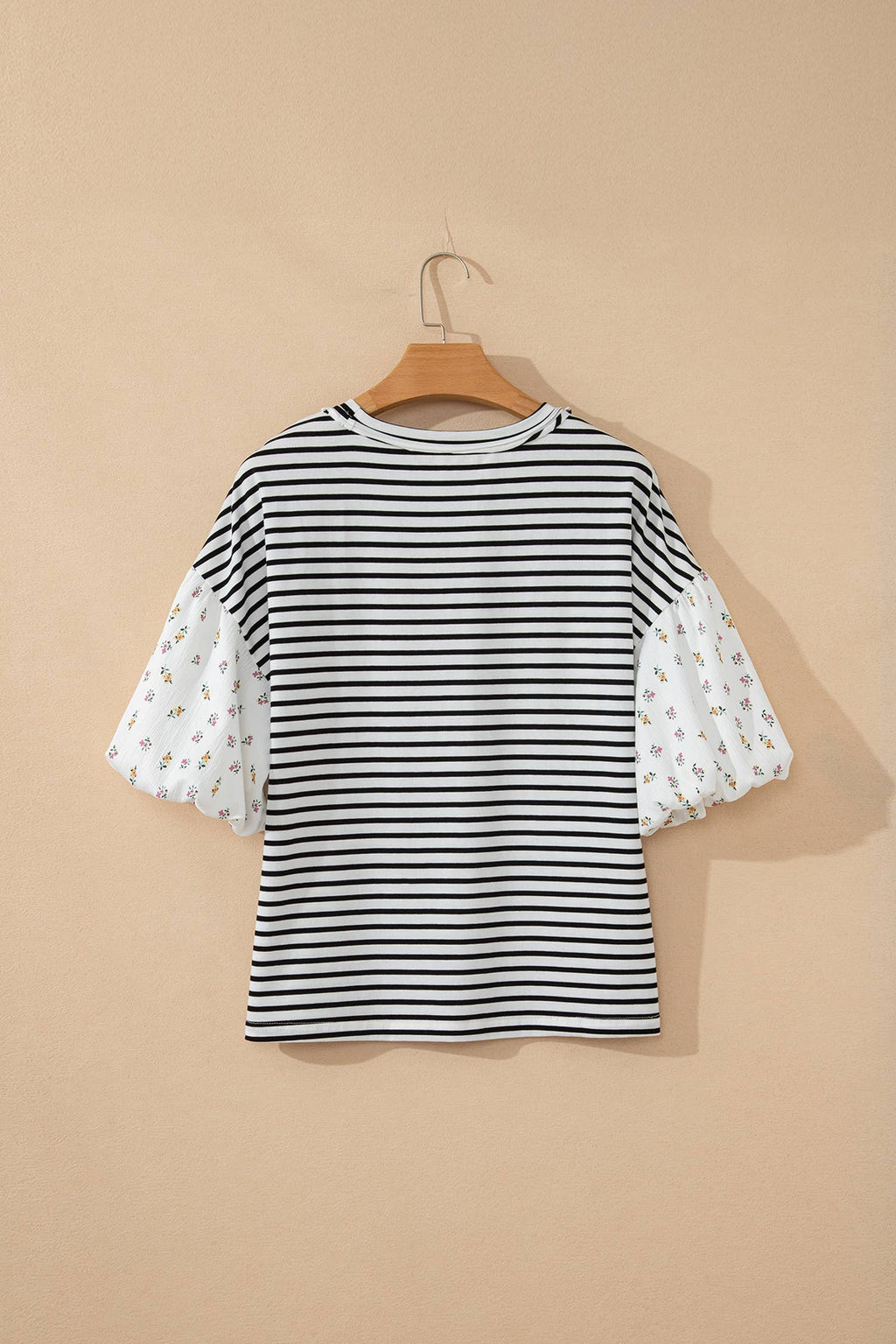 Stripe Floral Puff Sleeve Patchwork Round Neck Loose Top