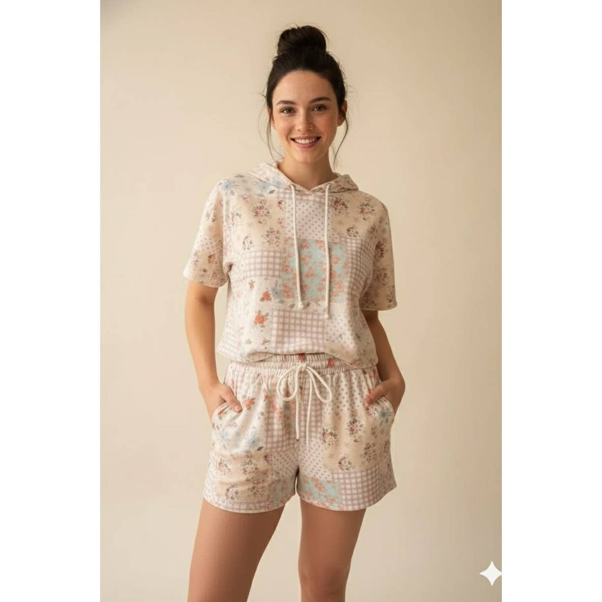 Whispered Patch Work Hooded Top And Shorts Set