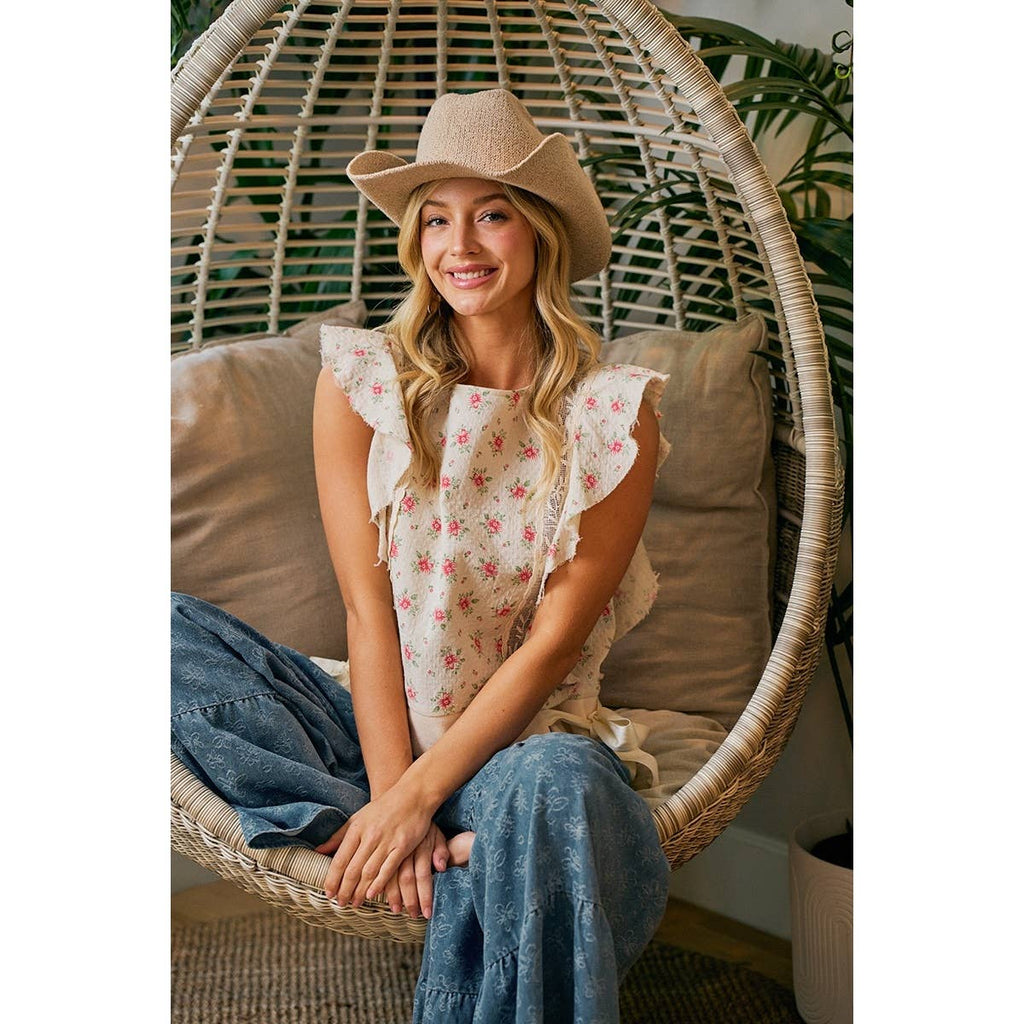 FLOWER PRINTED RUFFLE SLEEVE TRIM DETAIL TOP