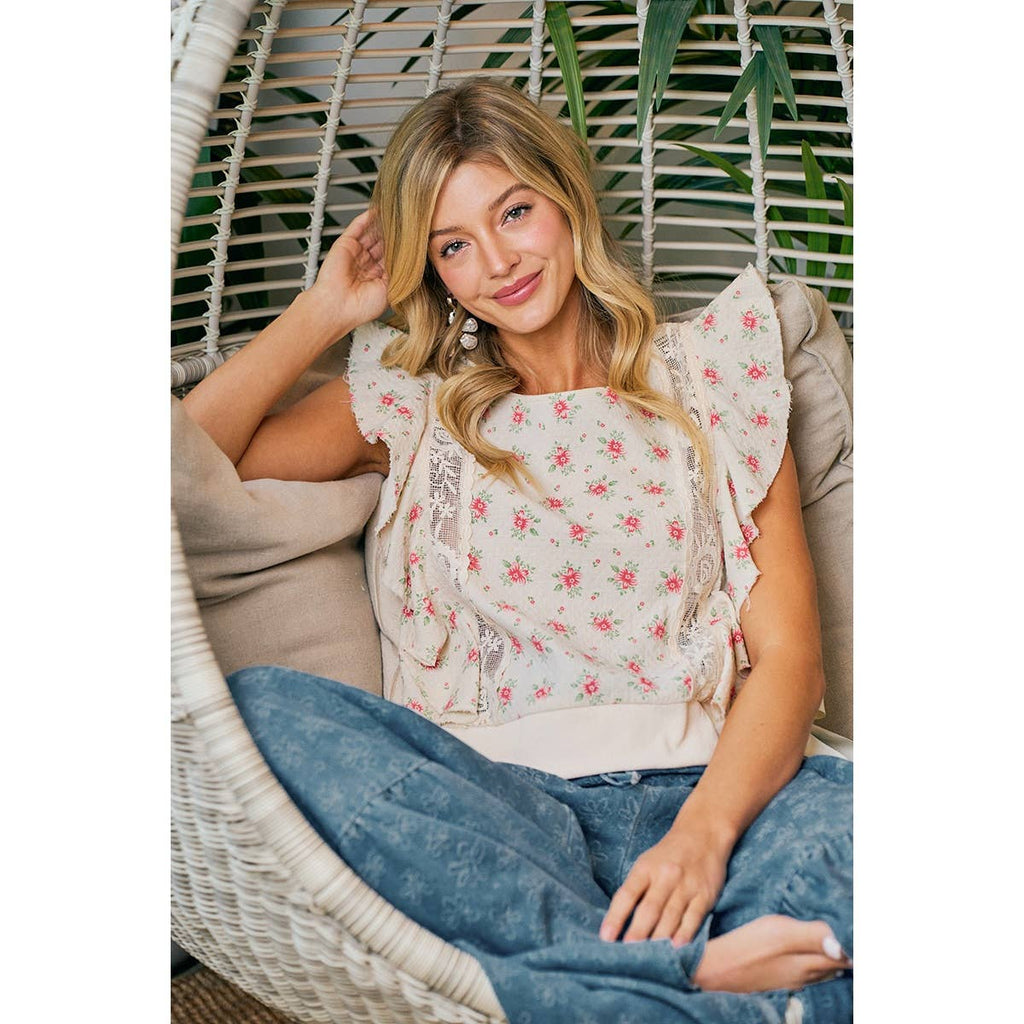 FLOWER PRINTED RUFFLE SLEEVE TRIM DETAIL TOP