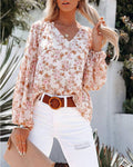 Floral Print V-Neck Balloon Sleeve Blouse Chiffon Top